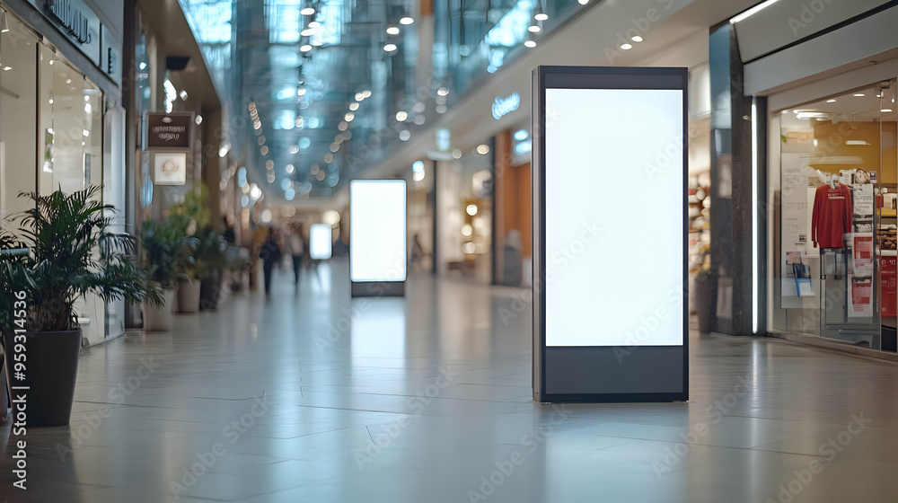 A large blank billboard in the middle of a shopping mall. A large blank billboard in the middle of a shopping mall.