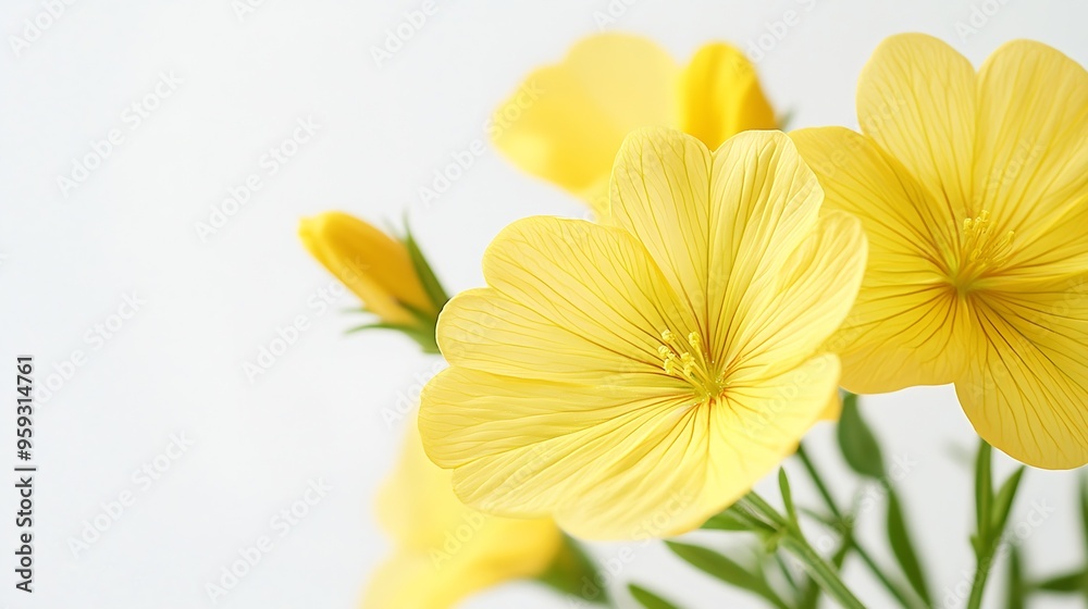 Fototapeta premium Flower close up of Oenothera biennis common eveningprimrose evening star sundrop weedy evening primrose German rampion hog weed Kings cureall and feverplant Isolated on white backgrou : Generative AI