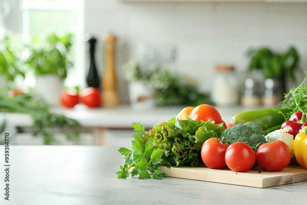 Freshly picked garden vegetables arranged on a kitchen counter, with plenty of copy space in the frame Freshly picked garden vegetables arranged on a kitchen counter, with plenty of copy space in the frame
