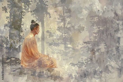 Siddhartha practicing asceticism in the forest, depicted with delicate watercolor brush strokes and a soft, faded background