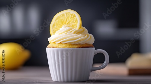 Lemon cupcake in a white mug Easy homemade dessert Mug cake Copy space : Generative AI photo