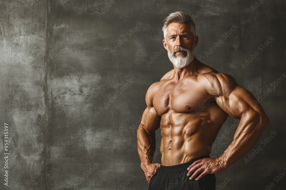 A fit senior male presenter with a powerful physique, confidently posing against a solid backdrop, showcasing his dedication to health A fit senior male presenter with a powerful physique, confidently posing against a solid backdrop, showcasing his dedication to health