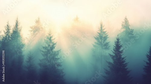 A tranquil misty fir forest scene with a vintage retro filter, featuring soft colors and a dreamy, atmospheric fog.