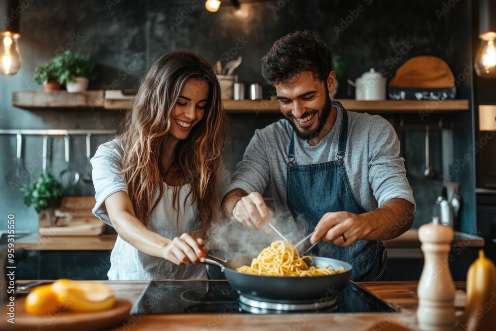 A happy couple in a modern kitchen, cooking pasta together, enjoying the process of making a delicious and comforting meal at home