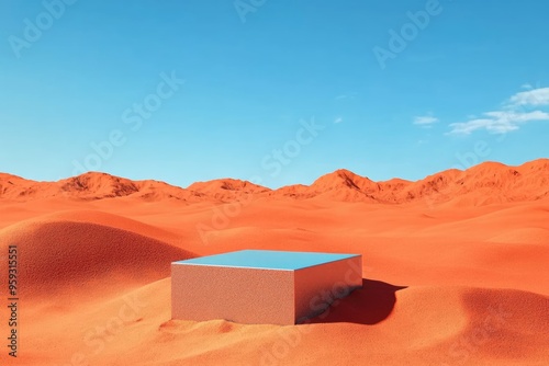 An isolated podium in the red dunes of Mars, with a bright blue sky, perfect for showcasing products with a sci-fi twist