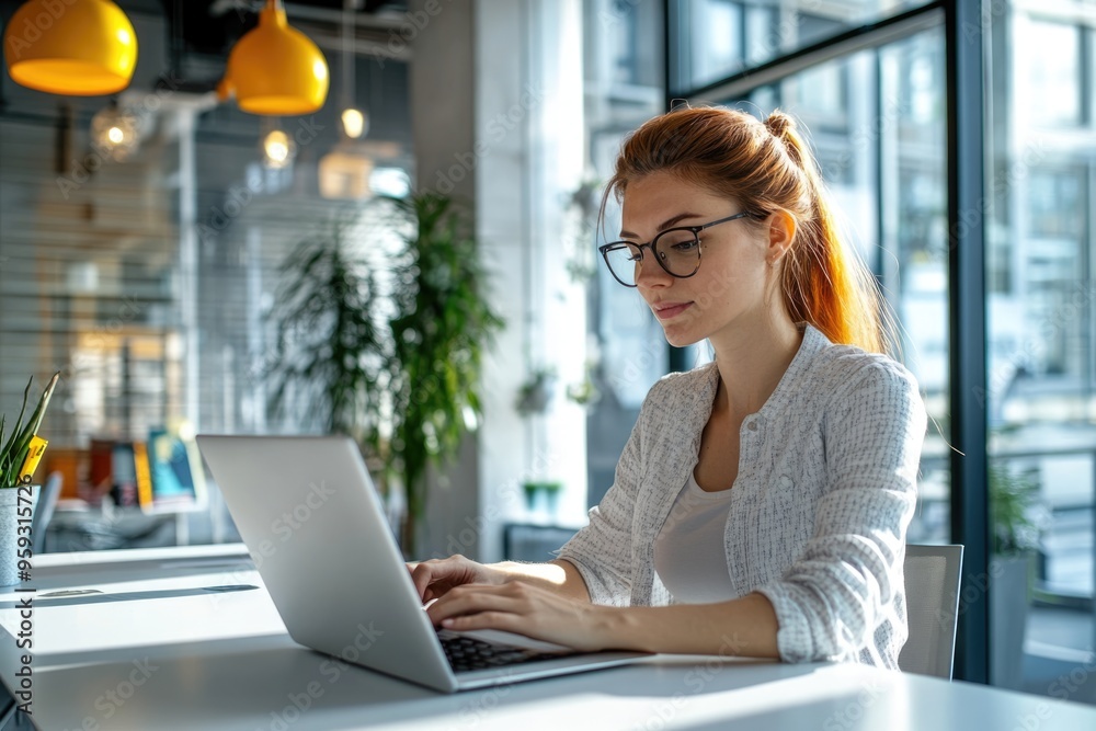 A young woman marketer, focused on her laptop, works in a bright, modern office, the photorealistic style enhancing the high-end, professional feel of the scene