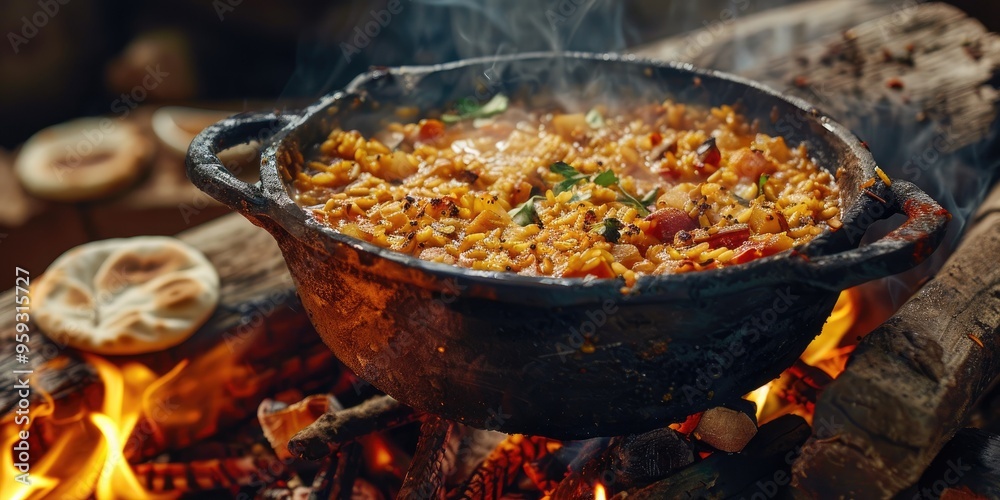 Cooking pilaf over an open flame in a cast iron cauldron Cooking pilaf over an open flame in a cast iron cauldron