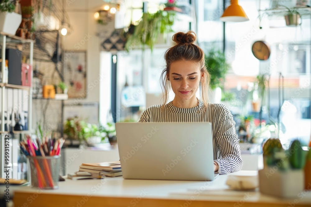 A high-resolution image of a young woman marketer, her laptop open in a bright, stylish office, the scene styled like a high-end lifestyle magazine A high-resolution image of a young woman marketer, her laptop open in a bright, stylish office, the scene styled like a high-end lifestyle magazine
