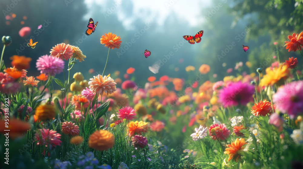 Picturesque flower garden with neat rows of bright flowers and butterflies exploring each bloom Picturesque flower garden with neat rows of bright flowers and butterflies exploring each bloom