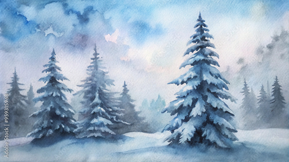 Snowy pine trees in a serene winter landscape, watercolor painting Snowy pine trees in a serene winter landscape, watercolor painting