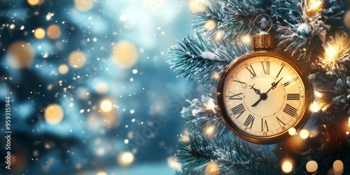 christmas background with vintage alarm clock