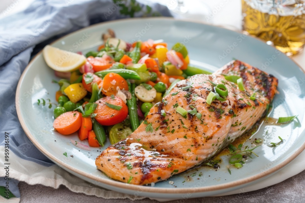 Grilled salmon fillet with a side of mixed vegetables Grilled salmon fillet with a side of mixed vegetables