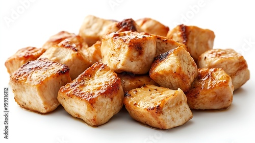 Roasted chicken cubes isolated on white background : Generative AI photo