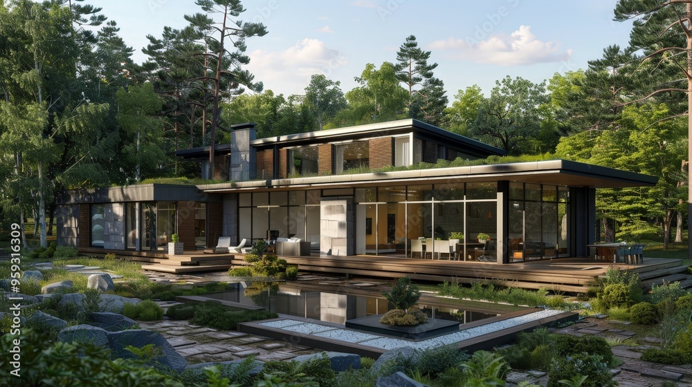 A 3D model of an eco-friendly home built with sustainable materials and green technology.