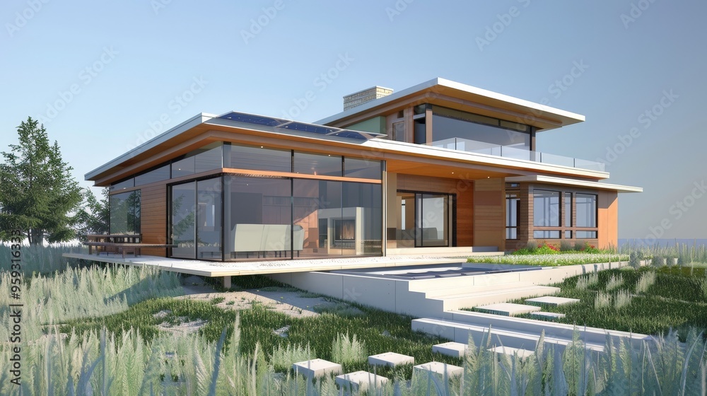 Fototapeta premium A 3D model of an eco-friendly home built with sustainable materials and green technology.