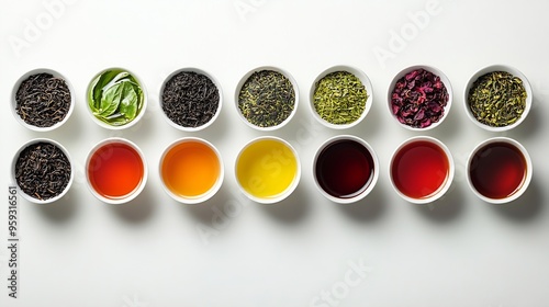 Creative layout made of cups of tea green tea black tea fruit and herbal tea sencha hibiscus ginger on white backgroundFlat lay Food concept : Generative AI photo