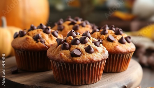 Chocolate chips muffin sweet snack cake with cup blurred background