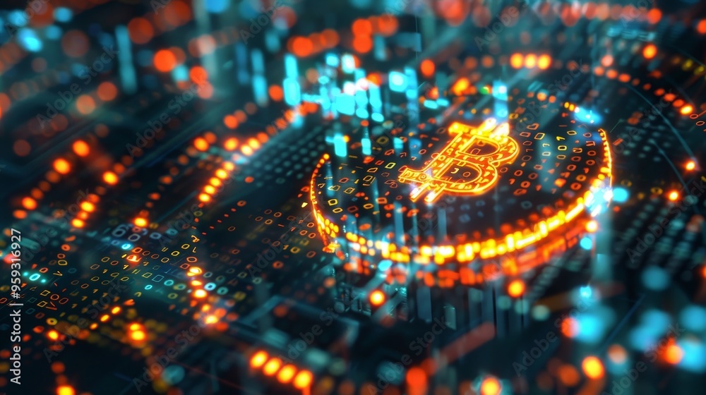 A 3D rendering of a digital currency symbol surrounded by binary code, representing the integration of technology and finance in the modern era. A 3D rendering of a digital currency symbol surrounded by binary code, representing the integration of technology and finance in the modern era.