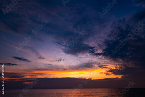 Fototapeta Naklejka Na Ścianę i Meble -  Sunset sky, Nature beautiful Light Sunset or sunrise over sea, Colorful dramatic majestic scenery sky,Amazing clouds and waves in sunset sky nature light cloud background
