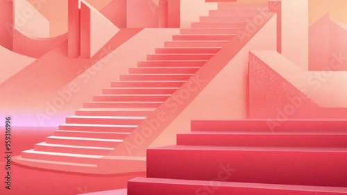 A vibrant pink stairway set against a matching pink background, creating a whimsical and inviting atmosphere