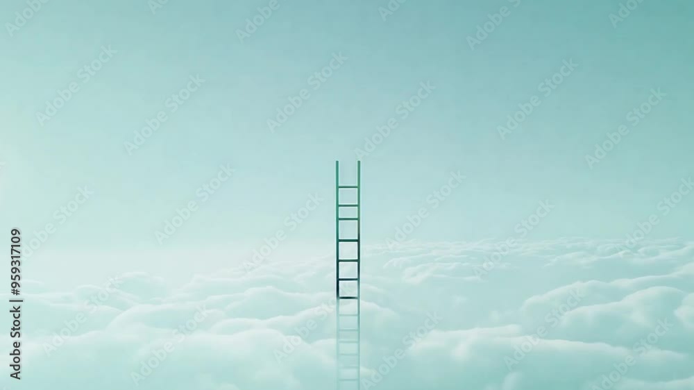 A ladder reaching into the clouds stands in the center of [a cloudy sky], with a light blue sky. It's a minimalist scene