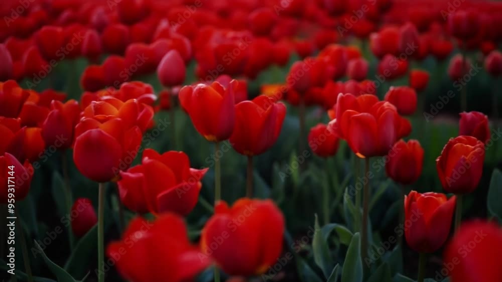 A vibrant field of red tulips blooming beautifully in the center of a lush green landscape A vibrant field of red tulips blooming beautifully in the center of a lush green landscape