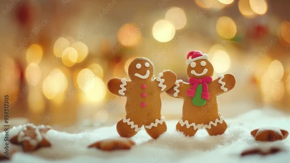 A group of gingerbread men displayed in front of joyful Christmas lights, creating a festive holiday scene A group of gingerbread men displayed in front of joyful Christmas lights, creating a festive holiday scene