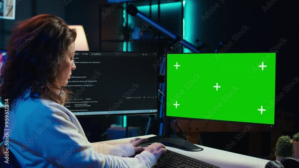 Cybersecurity expert uses green screen computer to look for security vulnerabilities and injected malware, close up. Admin installing fortified code on chroma key PC to prevent cyber attacks, camera B Cybersecurity expert uses green screen computer to look for security vulnerabilities and injected malware, close up. Admin installing fortified code on chroma key PC to prevent cyber attacks, camera B