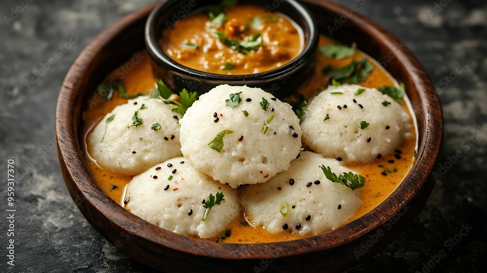 Ragi Idly finger millet Idli Sambar coconut chutney healthy home made breakfast dish Kerala Karnataka India steam cooked finger millet batter Top view South Indian food dark black back : Generative AI Ragi Idly finger millet Idli Sambar coconut chutney healthy home made breakfast dish Kerala Karnataka India steam cooked finger millet batter Top view South Indian food dark black back : Generative AI