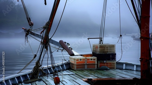 Fisherman using a gaff to secure his catch food crates on the deck of his traditional boat with the misty river adding a calm atmosphere to the early morning scene photo