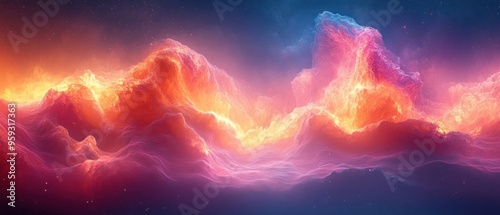 Abstract Cosmic Landscape with Fiery and Glowing Clouds