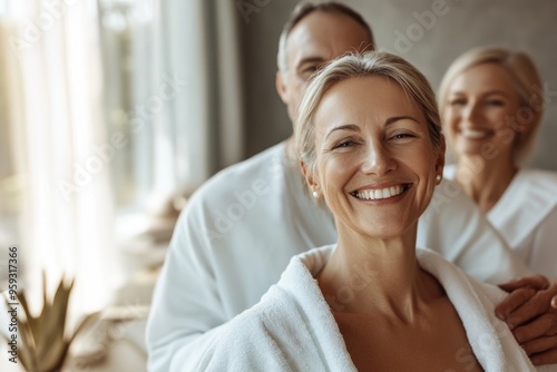 High-resolution brightly lit photorealistic photograph of a happy senior couple smiling as they receive soothing massages in an elegant spa. The photo has a light, bright, and peaceful feel, styled