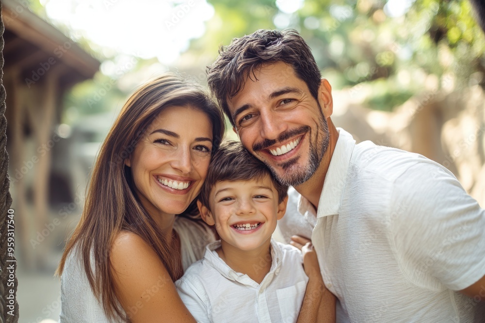 High-resolution brightly lit photorealistic candid photograph of a father, mother, and son smiling together at the zoo, with a soft and creamy bokeh background. The photograph is styled like a