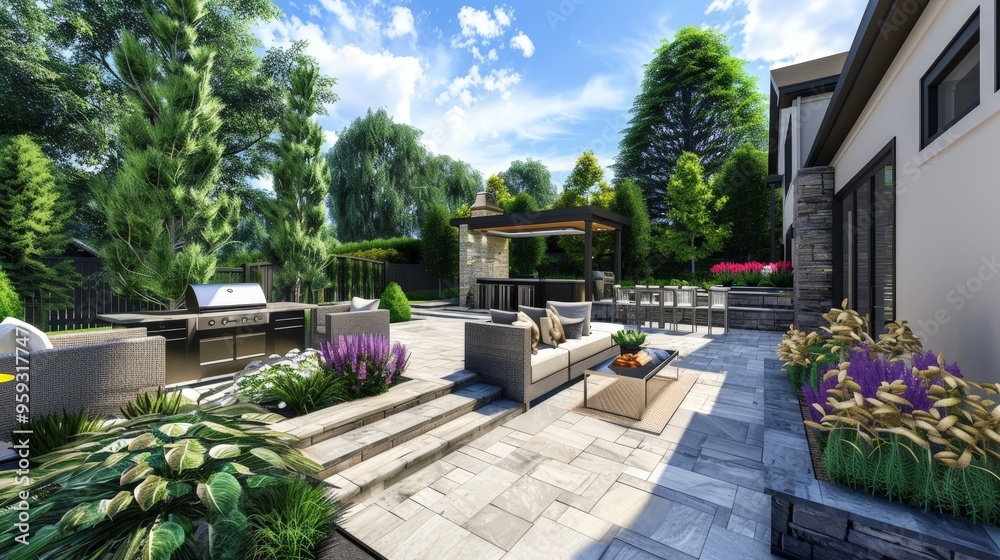 A 3D-rendered backyard featuring a patio, outdoor kitchen, and landscaped garden. A 3D-rendered backyard featuring a patio, outdoor kitchen, and landscaped garden.
