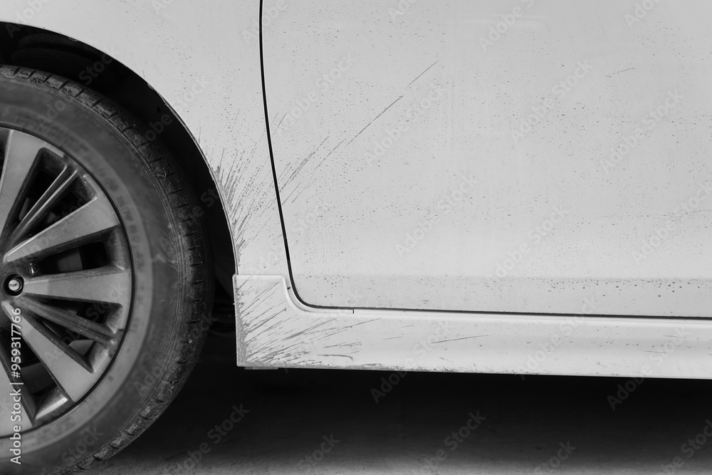 A close-up shot of a muddy sedan captures the rugged exterior, showcasing dirt splattered across the wheels and body, emphasizing its recent journey through challenging off-road terrain. A close-up shot of a muddy sedan captures the rugged exterior, showcasing dirt splattered across the wheels and body, emphasizing its recent journey through challenging off-road terrain.