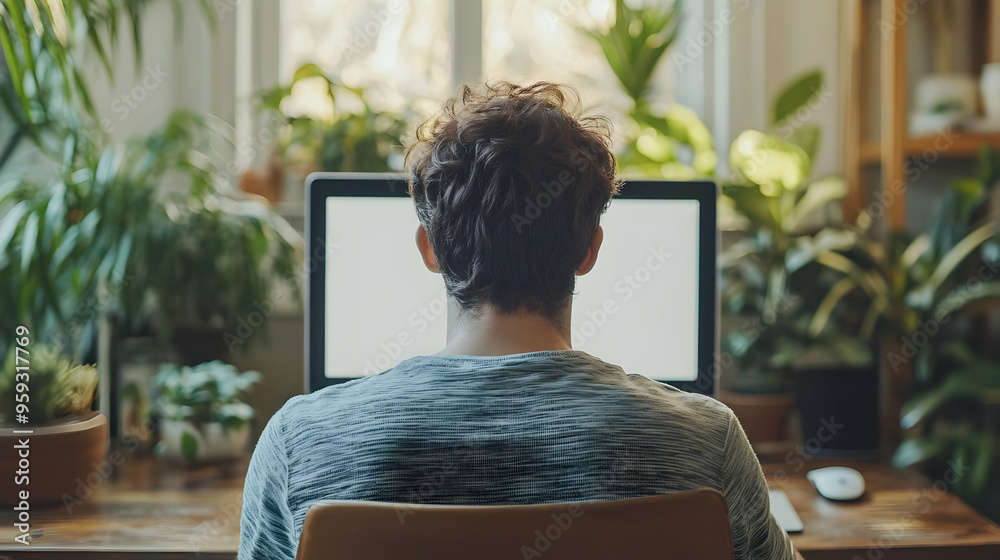 A man sits at a computer desk with plants in the background, facing the monitor. A man sits at a computer desk with plants in the background, facing the monitor.