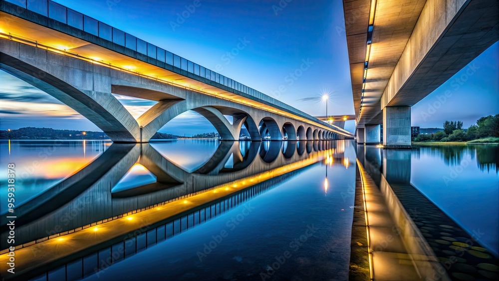 Naklejka premium Minimalist Concrete Bridge Modern Architecture Reflections Night