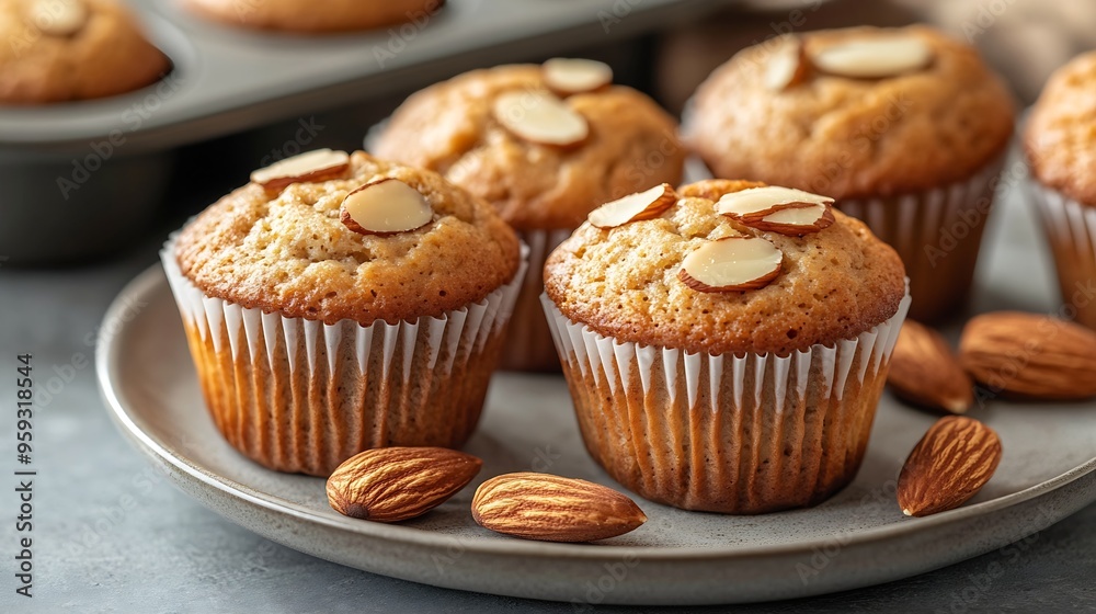 Gluten free muffins with almonds on a plate with cross section view and muffin tin in the background : Generative AI Gluten free muffins with almonds on a plate with cross section view and muffin tin in the background : Generative AI