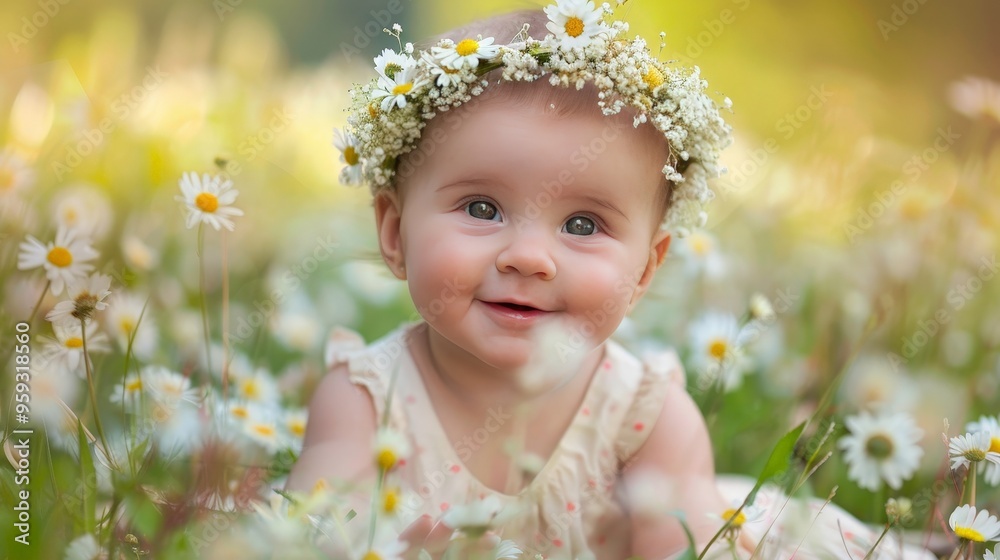 A baby girl with a flower crown on her head sits in a field of daisies, her innocent smile and sparkling eyes reflecting the joy of nature. The natural light enhances the beauty of the scene. A baby girl with a flower crown on her head sits in a field of daisies, her innocent smile and sparkling eyes reflecting the joy of nature. The natural light enhances the beauty of the scene.