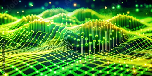 Big data processing. Abstract artificial neural network. Cyber field of wavy particles. 3d illustration of high tech background photo