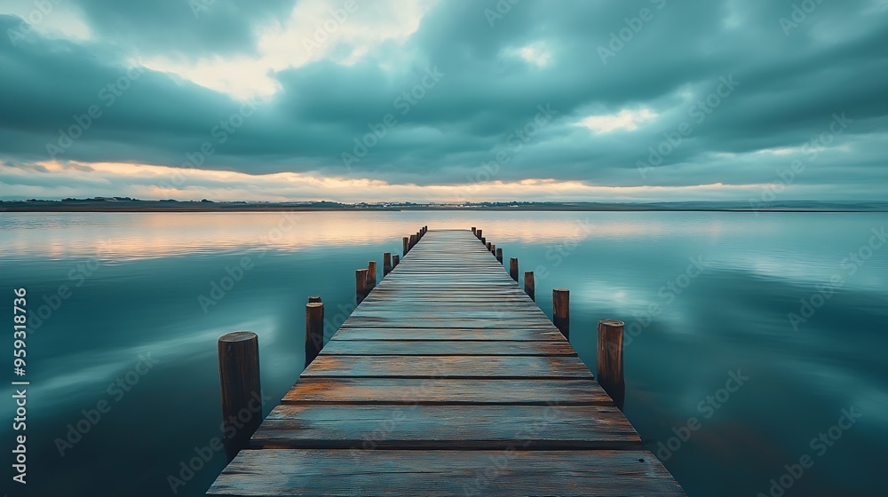 Fototapeta premium Empty wooden pier to the Ria de Aveiro in Portugal with dramatic sky and calm water Torreira Murtosa Portugal : Generative AI