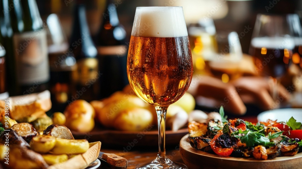 A glass of beer with a head of foam stands in the center of a table laden with a variety of foods, including baked potatoes, grilled vegetables, and bread. A glass of beer with a head of foam stands in the center of a table laden with a variety of foods, including baked potatoes, grilled vegetables, and bread.
