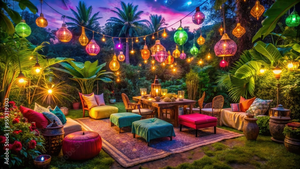whimsical neon-lit backyard bash with colorful lanterns and eclectic furniture amidst lush tropical plants under starry night sky with warm soft focus glow whimsical neon-lit backyard bash with colorful lanterns and eclectic furniture amidst lush tropical plants under starry night sky with warm soft focus glow