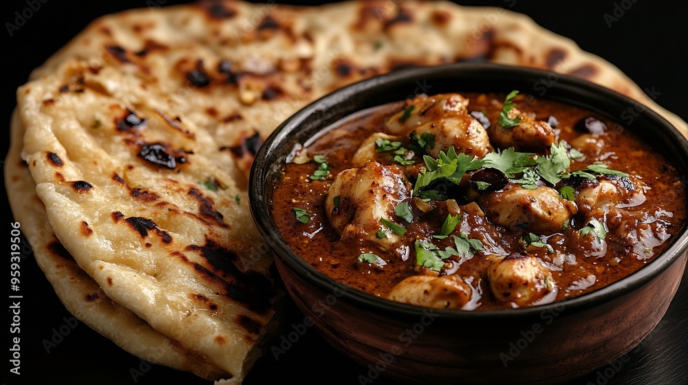 Side view of traditional Georgian satsivi made from chicken in walnut sauce accompanied by tandoor bread presented elegantly against a stark black background : Generative AI Side view of traditional Georgian satsivi made from chicken in walnut sauce accompanied by tandoor bread presented elegantly against a stark black background : Generative AI