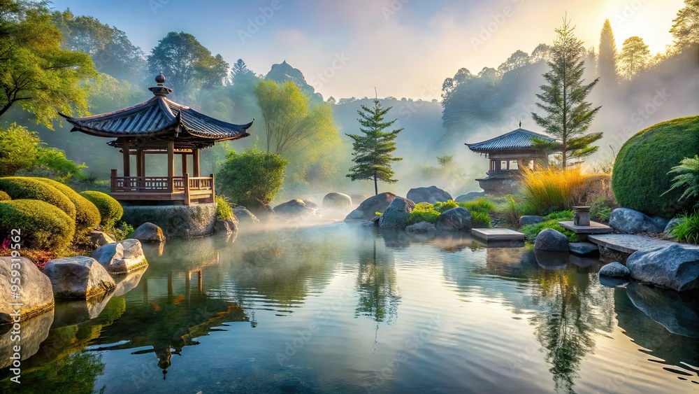 Obraz premium Peaceful Serene Morning Misty Asian-Inspired Water Feature