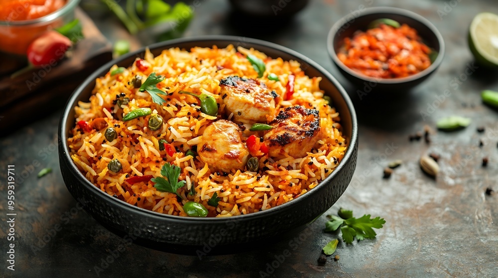Famous Indian food Chicken Biryani Rice with well decorated background : Generative AI Famous Indian food Chicken Biryani Rice with well decorated background : Generative AI