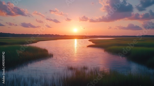 sunset over the salt marsh of pawleys island soun : Generative AI photo