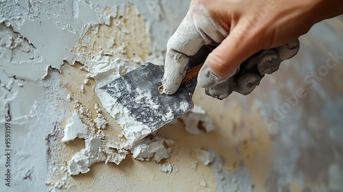 Saltpeter on the wall problem Woman is using a scraper to scrape and remove all loose paint and plaster that is in poor condition until a firm surface is achieved : Generative AI photo