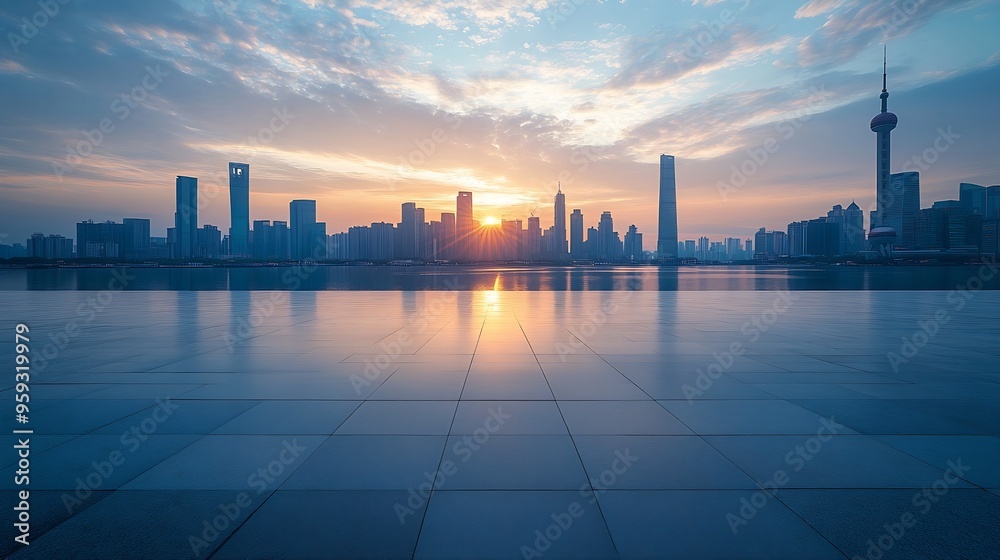 Obraz premium Empty floor and modern city skyline with building at sunset in Suzhou Jiangsu Province China high angle view : Generative AI