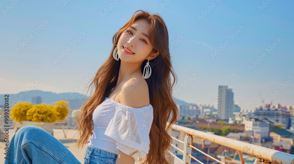 The city skyline and clear blue sky provide a perfect backdrop as she smiles at the camera. Her long brown hair and large earrings enhance her elegance, showcasing trendy fashion